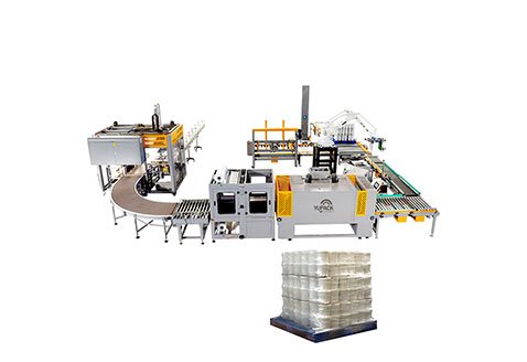 塑料桶平移裝箱熱收縮碼垛纏繞包裝線